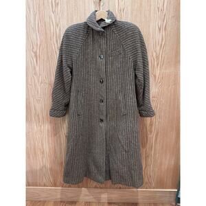 Vintage 1990s Portrait Wool Coat Long Neutral Herringbone Stripe Belted Med